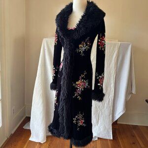 Vintage Betsey Johnson Black Velvet Embroidered Duster Coat